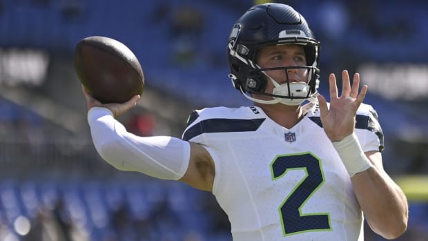 Seattle Seahawks quarterback Drew Lock (2) throws before the game against the Baltimore Ravens at M&T Bank Stadium.